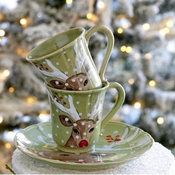 Casafina Deer Friends Mug Pair Red Nosed Reindeer Polka Dot Print On Green Sage - Picture 6 of 9